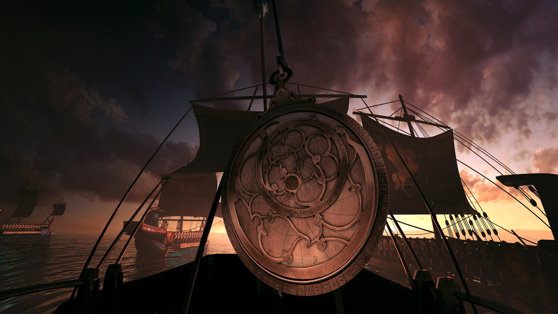Ein Astrolabium, ein altes astronomisches Instrument zur Berechnung von Sternpositionen, hängt an einer Halterung an Deck eines antiken Segelschiffs, das sich auf dem Meer befindet. Links davon sind zwei weitere Segelschiffe (künstlerische Darstellung). Ein Astrolabium, ein altes astronomisches Instrument zur Berechnung von Sternpositionen, hängt an einer Halterung an Deck eines antiken Segelschiffs, das sich auf dem Meer befindet. Links davon sind zwei weitere Segelschiffe (künstlerische Darstellung).