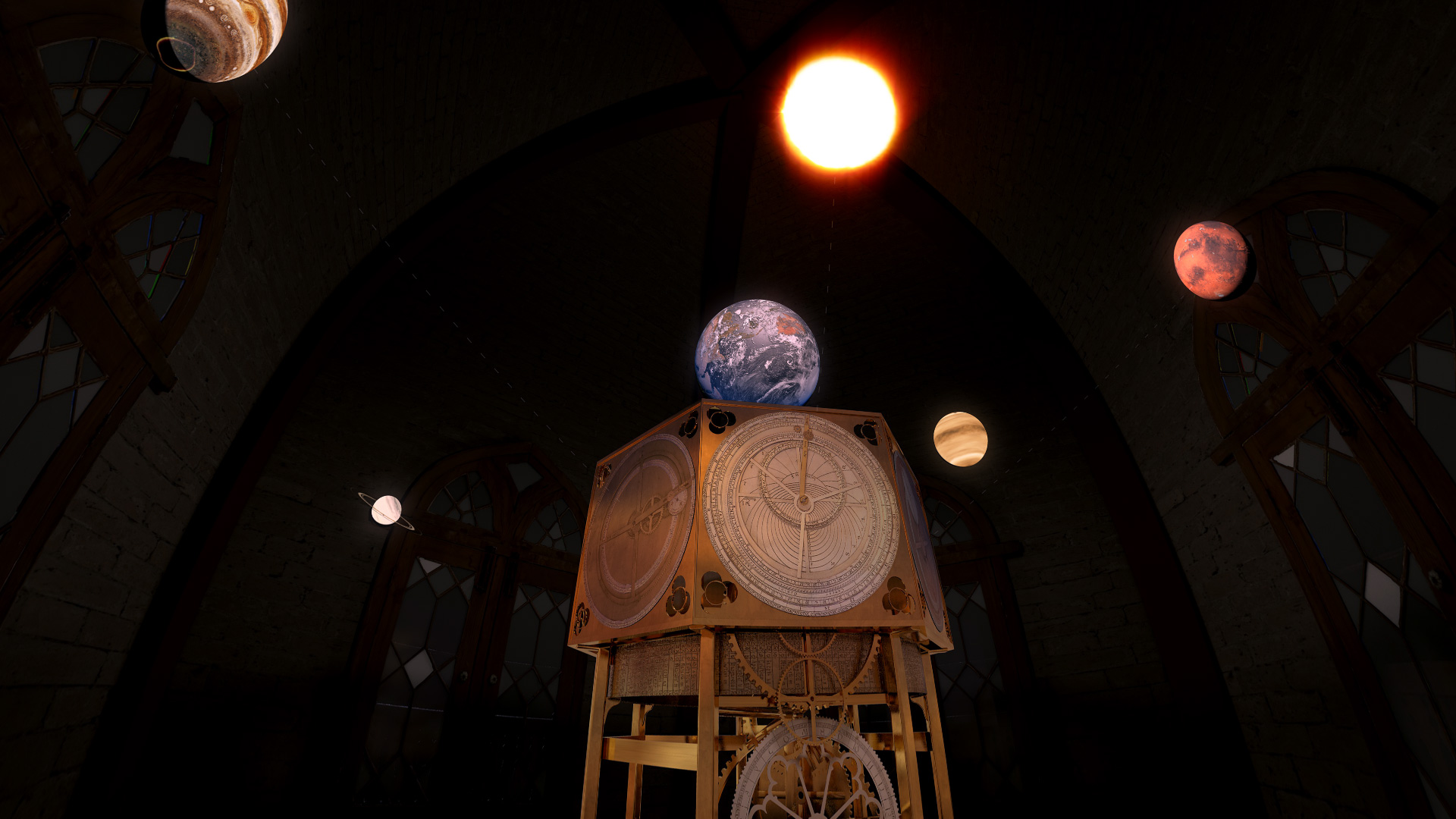 In einem dunklen Raum steht ein altes astronomisches Instrument zur Berechnung von Stern- und Planetenkonstellationen. Darüber schweben die Sonne sowie die Planeten Jupiter, Saturn, Erde, Venus und Mars (künstlerische Darstellung). In einem dunklen Raum steht ein altes astronomisches Instrument zur Berechnung von Stern- und Planetenkonstellationen. Darüber schweben die Sonne sowie die Planeten Jupiter, Saturn, Erde, Venus und Mars (künstlerische Darstellung).