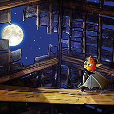 Das Bild zeigt die Fledermaus Flappi, die auf einem Balken in einer Scheune sitzt und fasziniert den Vollmond durch ein großes Loch im Scheunendach betrachtet (künstlerische Darstellung).