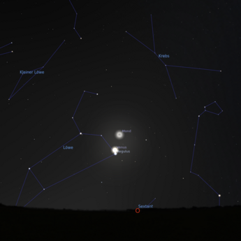 Das Bild zeigt die Begegnung von Venus und Mond am 19.09.2025 um 6:00 Uhr.