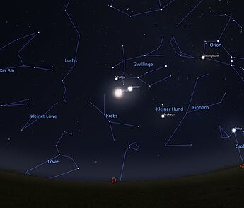 Das Bild zeigt die Begegnung von Mond und Jupiter am 07.12.2025 um 23:00 Uhr.