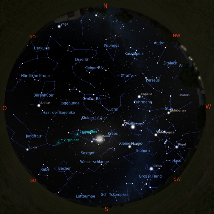 Das Bild zeigt eine Sternkarte mit dem Sternenhimmel am 01.03.2026 um 23:00 Uhr. Das Bild zeigt eine Sternkarte mit dem Sternenhimmel am 01.03.2026 um 23:00 Uhr.