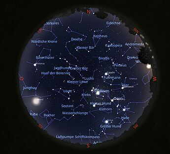 Das Bild zeigt die Sternkarte vom 01.04.2026 um 21:00 Uhr. Das Bild zeigt die Sternkarte vom 01.04.2026 um 21:00 Uhr.