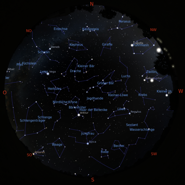 Das Bild zeigt eine Sternkarte, wie der Sternenhimmel am 15.05.2026 um 23:00 Uhr zu sehen ist.