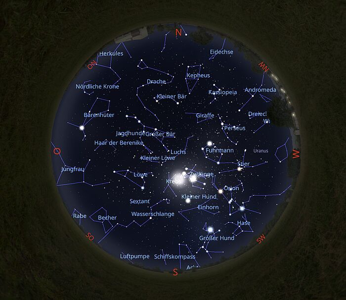 Das Bild zeigt eine Sternkarte mit dem Sternenhimmel am 01.02.2026 um 0:00 Uhr.