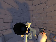 Das Bild zeigt den Eisbären Vladimir und den Pinguin James, die von einem Iglu aus mit einem Teleskop den Sternhimmel beobachten (künstlerische Darstellung).