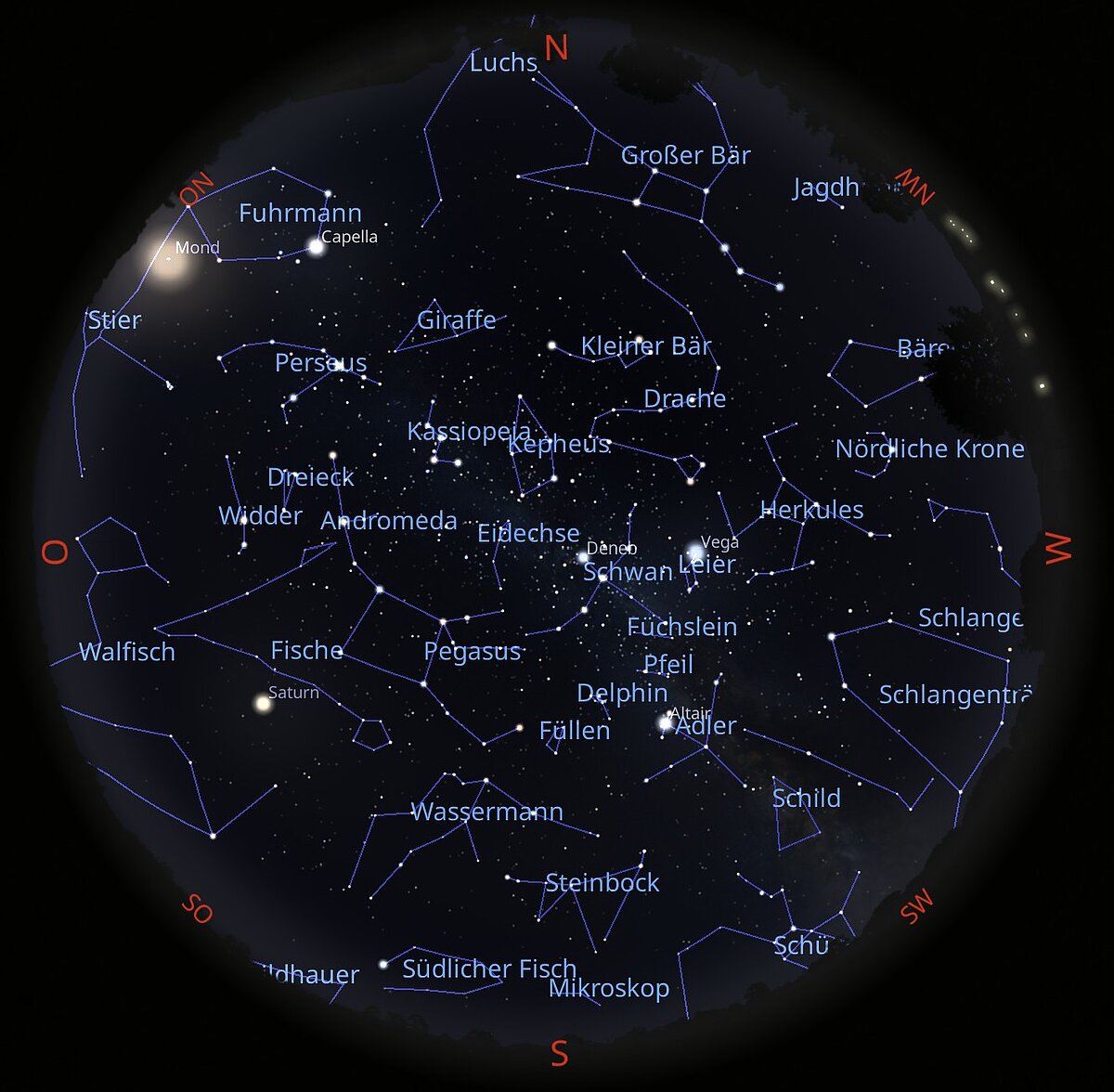 Das Bild zeigt eine Sternkarte, wie der Sternenhimmel am 01.10.2026 um 22:00 Uhr zu sehen ist.