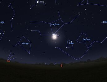 Das Bild zeigt die Begegnung von Mond und Spica am 03.04.2026. Das Bild zeigt die Begegnung von Mond und Spica am 03.04.2026.