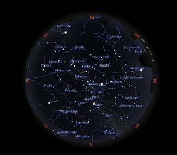 Das Bild zeigt eine Sternkarte mit dem Sternenhimmel am 14.10.2025 um 20:00 Uhr.