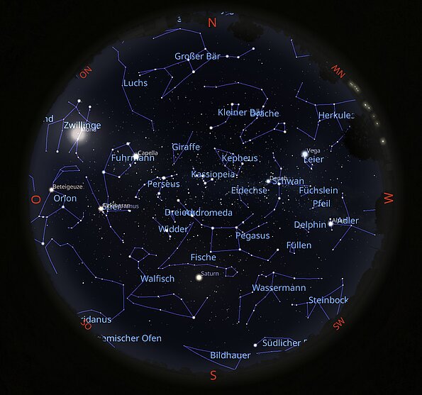 Das Bild zeigt eine Sternkarte, wie der Sternenhimmel am 30.10.2026 um 22:00 Uhr zu sehen ist.