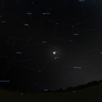 Das Bild zeigt eine Sternkarte mit der Konstellation von Saturn und Mond am 23.01.2026 um 18:00 Uhr. Jupiter und Mond stehen zu diesem Zeitpunkt sehr nah nebeneinander. 