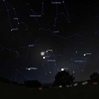 Das Bild zeigt die Begegnung von Mond und Jupiter am 20.05.2026 um 22:00 Uhr.