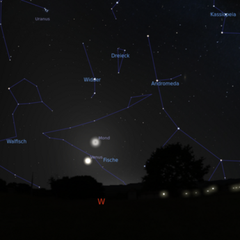 Das Bild zeigt die Begegnung von Mond und Venus am 20.03.2026 um 19:00 Uhr.