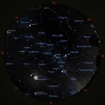 Das Bild zeigt eine Sternkarte mit dem Sternenhimmel am 01.11.2025 um 19:00 Uhr. Das Bild zeigt eine Sternkarte mit dem Sternenhimmel am 01.11.2025 um 19:00 Uhr.