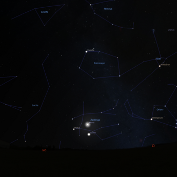 Das Bild zeigt eine Sternkarte mit der Konstellation von Jupiter und Mond am 03.01.2026 um 18:00 Uhr. Jupiter und Mond stehen zu diesem Zeitpunkt sehr nah nebeneinander. 