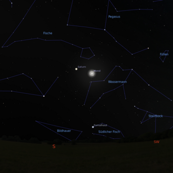 Das Bild zeigt einen Ausschnitt aus einer Sternkarte mit der Konstellation Mond und Saturn am 02.11.2025 um 22:00 Uhr. Das Bild zeigt einen Ausschnitt aus einer Sternkarte mit der Konstellation Mond und Saturn am 02.11.2025 um 22:00 Uhr.