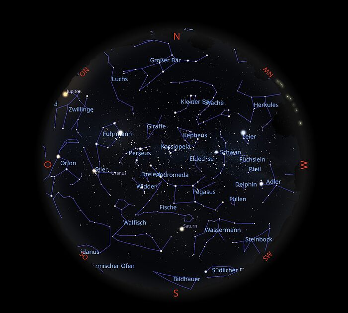 Das Bild zeigt eine Sternkarte mit dem Sternenhimmel am 15.10.2025 um 0:00 Uhr.