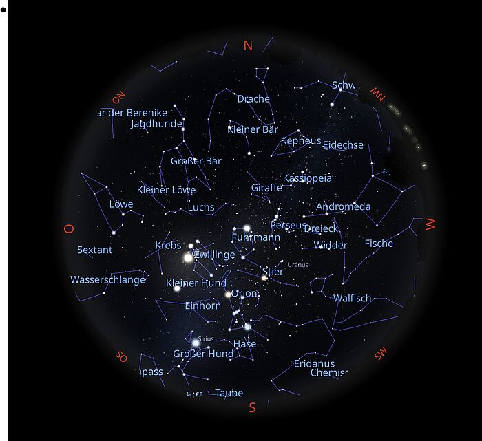 Das Bild zeigt eine Sternkarte, wie der Sternenhimmel am 15.12.2025 um 0:00 Uhr zu sehen ist.