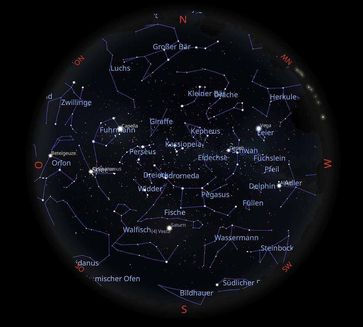 Das Bild zeigt eine Sternkarte, wie der Sternenhimmel am 15.10.2026 um 0:00 Uhr zu sehen ist. 