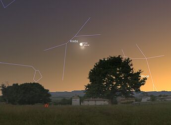 Das Bild zeigt die Begegnung von Mond und Venus am 17.06.2026 um 22:00 Uhr.