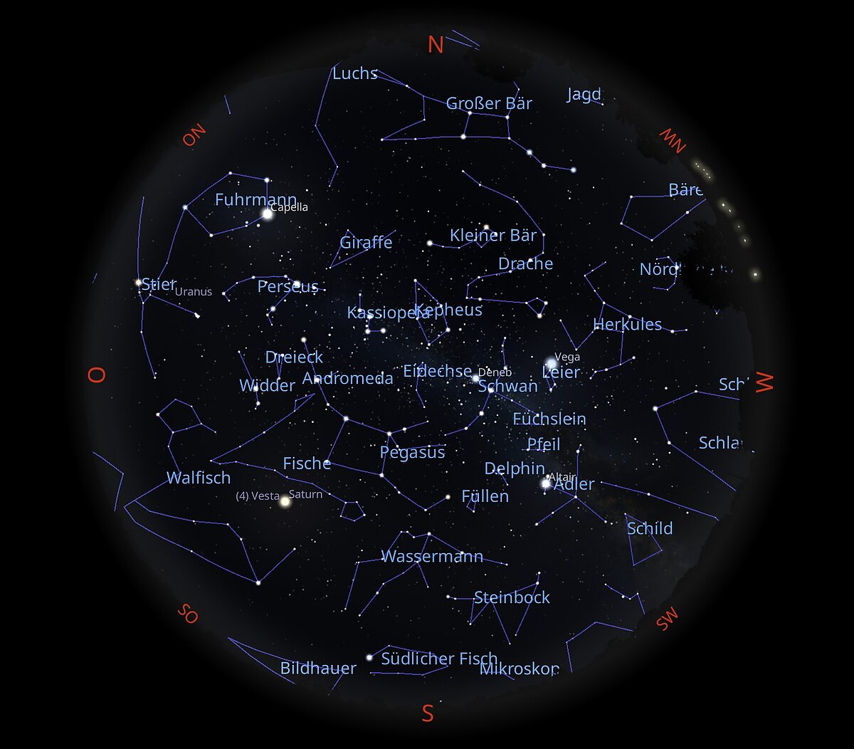Das Bild zeigt eine Sternkarte, wie der Sternenhimmel am 14.10.2026 um 22:00 Uhr zu sehen ist.