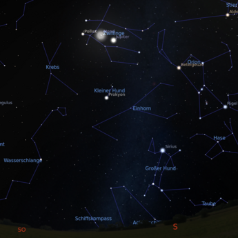 Das Bild zeigt die Begegnung von Mond und Jupiter am 26.03.2026 um 19:00 Uhr.