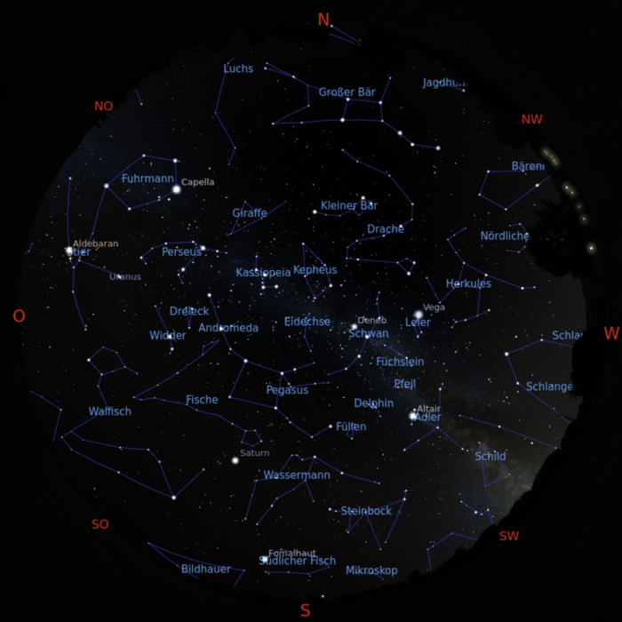 Das Bild zeigt eine Sternkarte mit dem Sternenhimmel am 15.11.2025 um 19:00 Uhr. Das Bild zeigt eine Sternkarte mit dem Sternenhimmel am 15.11.2025 um 19:00 Uhr.