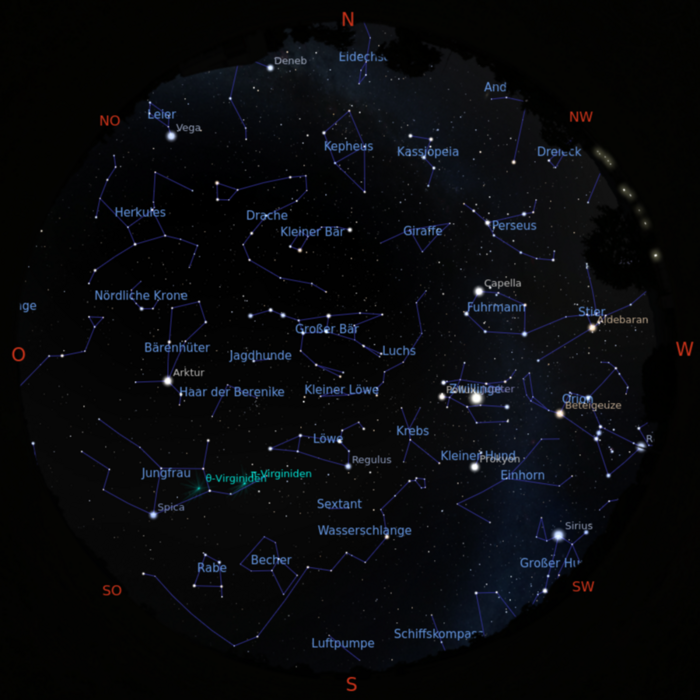 Das Bild zeigt eine Sternkarte, wie der Sternenhimmel am 15.03.2026 um 23:00 Uhr zu sehen ist.