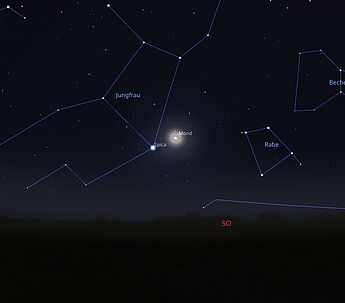 Das Bild zeigt einen Ausschnitt aus einer Sternkarte mit der Konstellation Spica und Saturn am 07.02.2026 um 1:30 Uhr. 